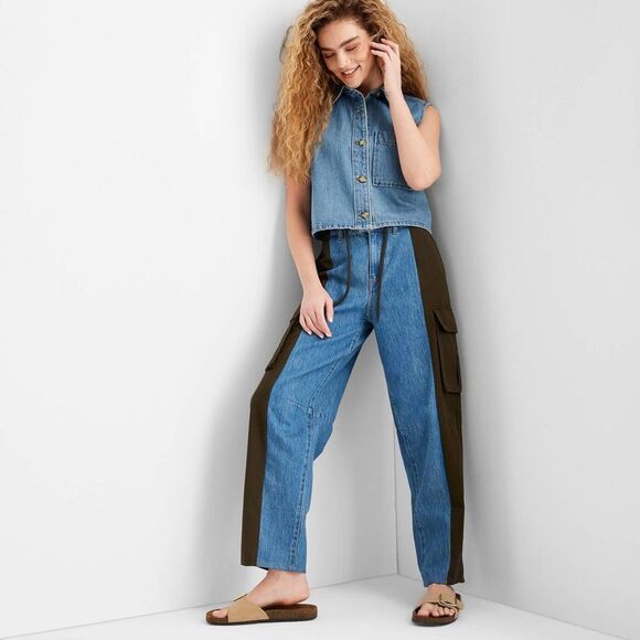 Future Collective - Women's Mid-Rise Barrel Leg Mixed Fabric Jeans - F Blue - Picture 3 of 3